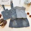 Mädchen Sommer 2026 Patchwork Denim Latzhosen Set: Rock mit elastischem Bund & Trendiges Dreiteiler-Outfit