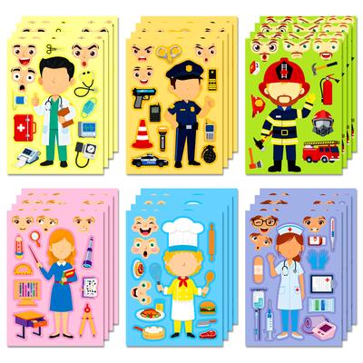 6 Sheets/Pack Occupational Puzzle Face Changer Sticker Children'S Enlightenment Cartoon Character Decorative Sticker