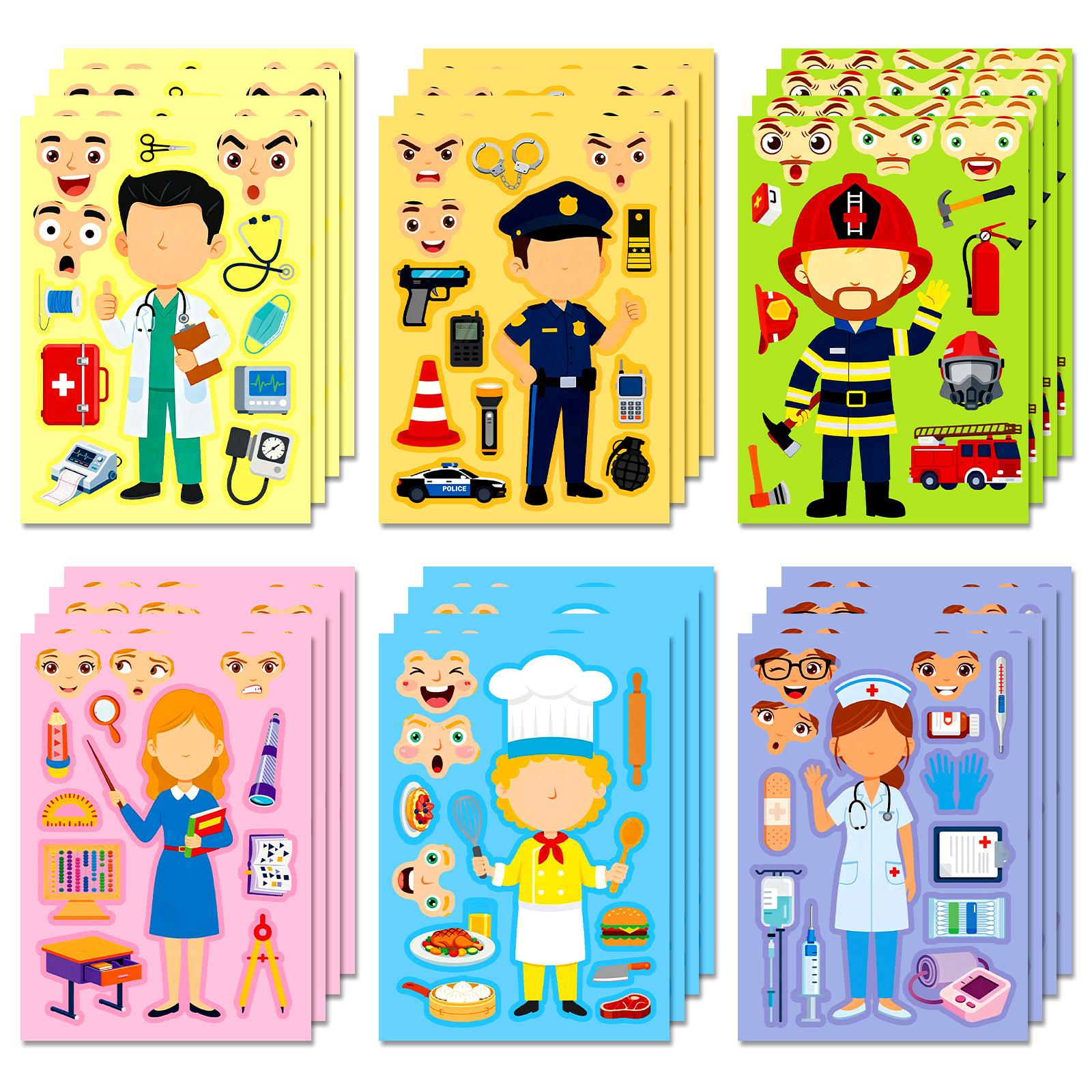

6 Sheets/Pack Occupational Puzzle Face Changer Sticker Children S Enlightenment Cartoon Character Decorative Sticker