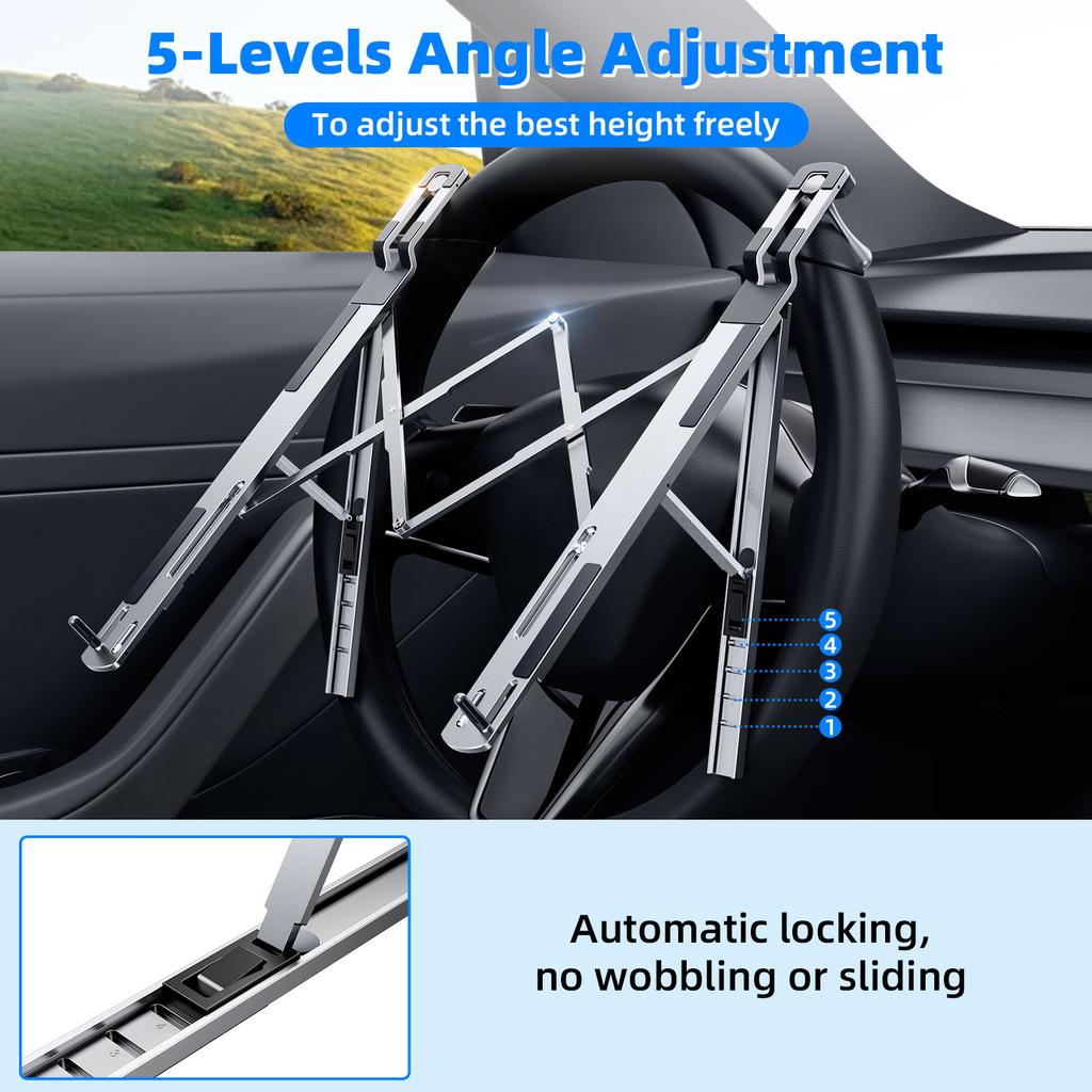 Eary Foldable Car Laptop Mount for Steering Wheel Holder 5 Height Adjustable Metal Notebook Tablet Stand Travel Car Accessories