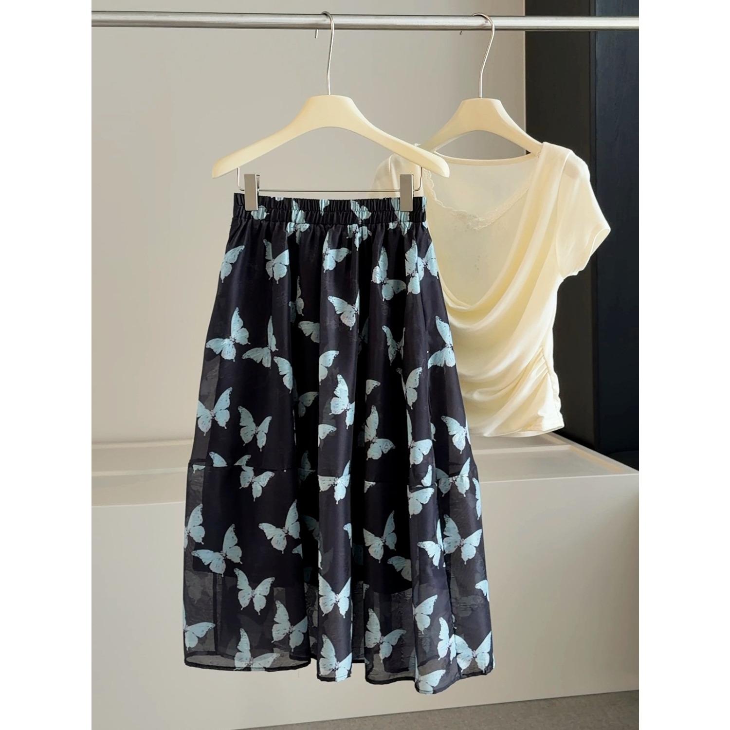 Women s High Waist A-Line Midi Skirt Butterfly Print Elastic Waist Casual Summer Skirt one size