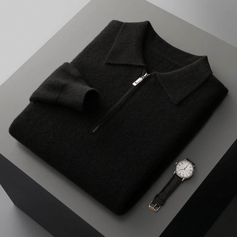 Men's Business Casual Pure Wool Half-Zip Polo Sweater - Autumn/Winter Loose Knit Pullover