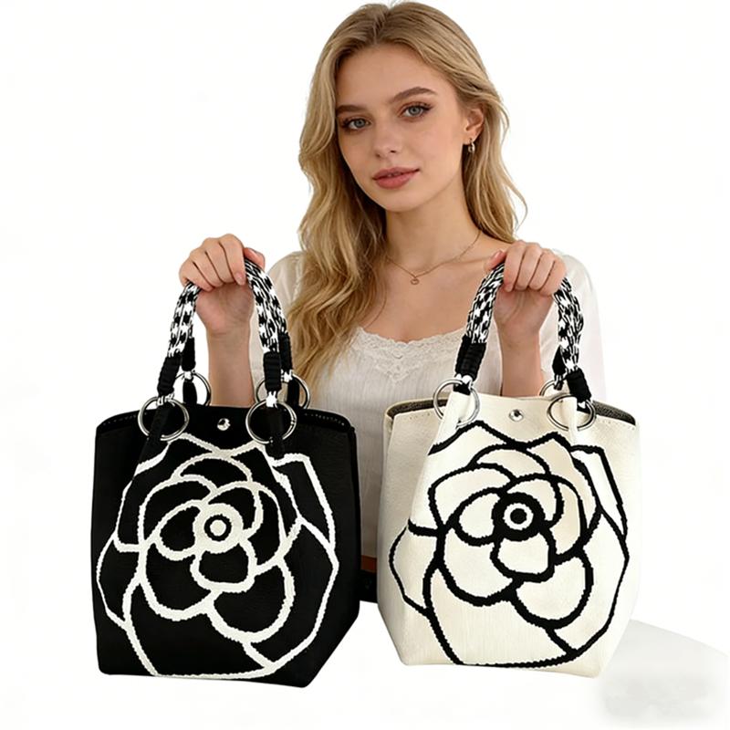 Chic Camellia Flower Knitted Tote Bag Large Capacity Weave Shoulder Bag for Women