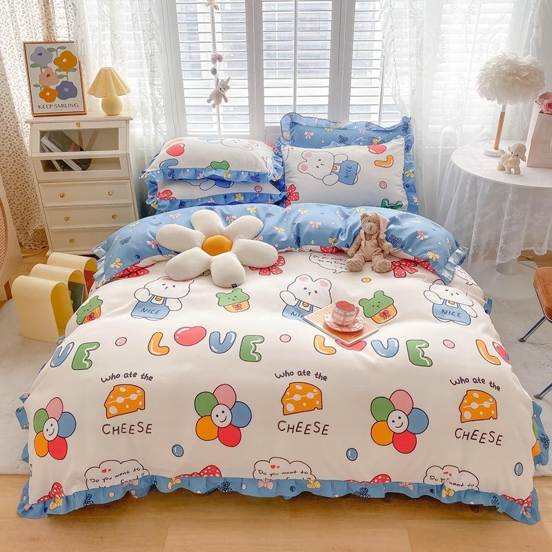 Korean Style Bed Skirt Four-piece Set Pure Cotton Edge Bed Sheet Thickened Plant Cashmere Brushed Skin-friendly Bedding