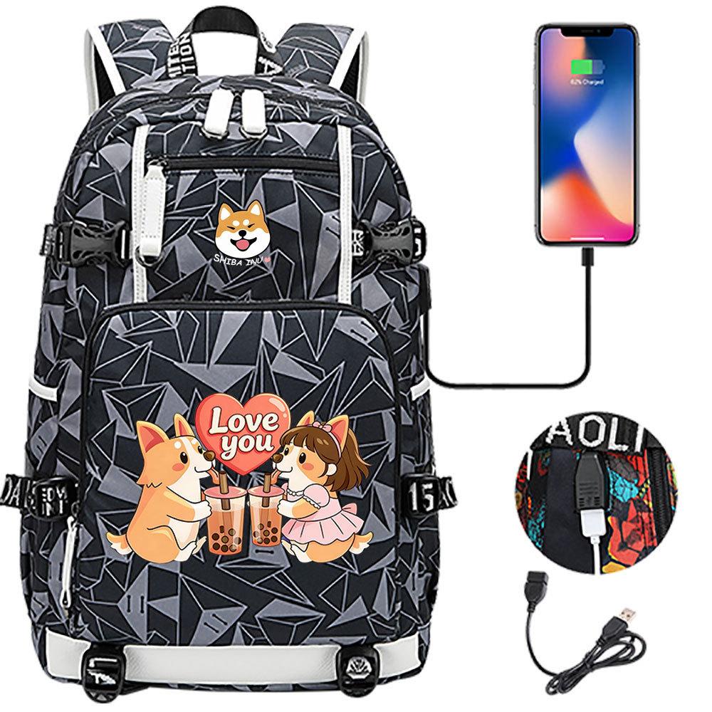 Cute Shiba Inu Corgi USB Charging Backpack for Middle High School Students Travel Casual Daypack
