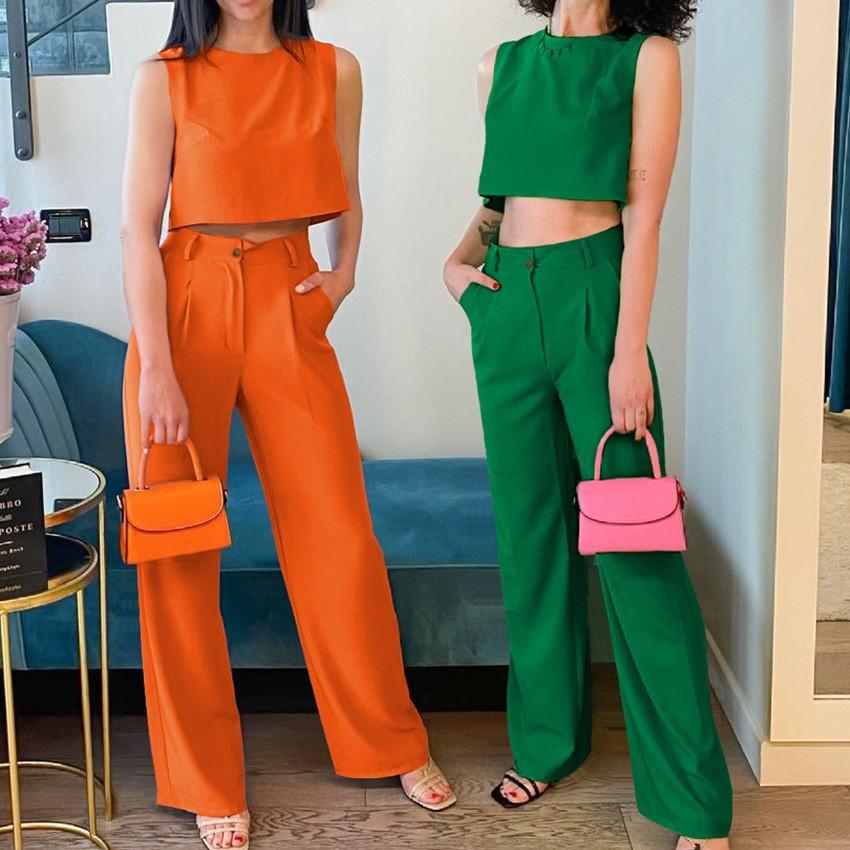 1116 summer new solid color sleeveless vest top trousers European and American fashion women's clothing two-piece set cotton and linen suit women