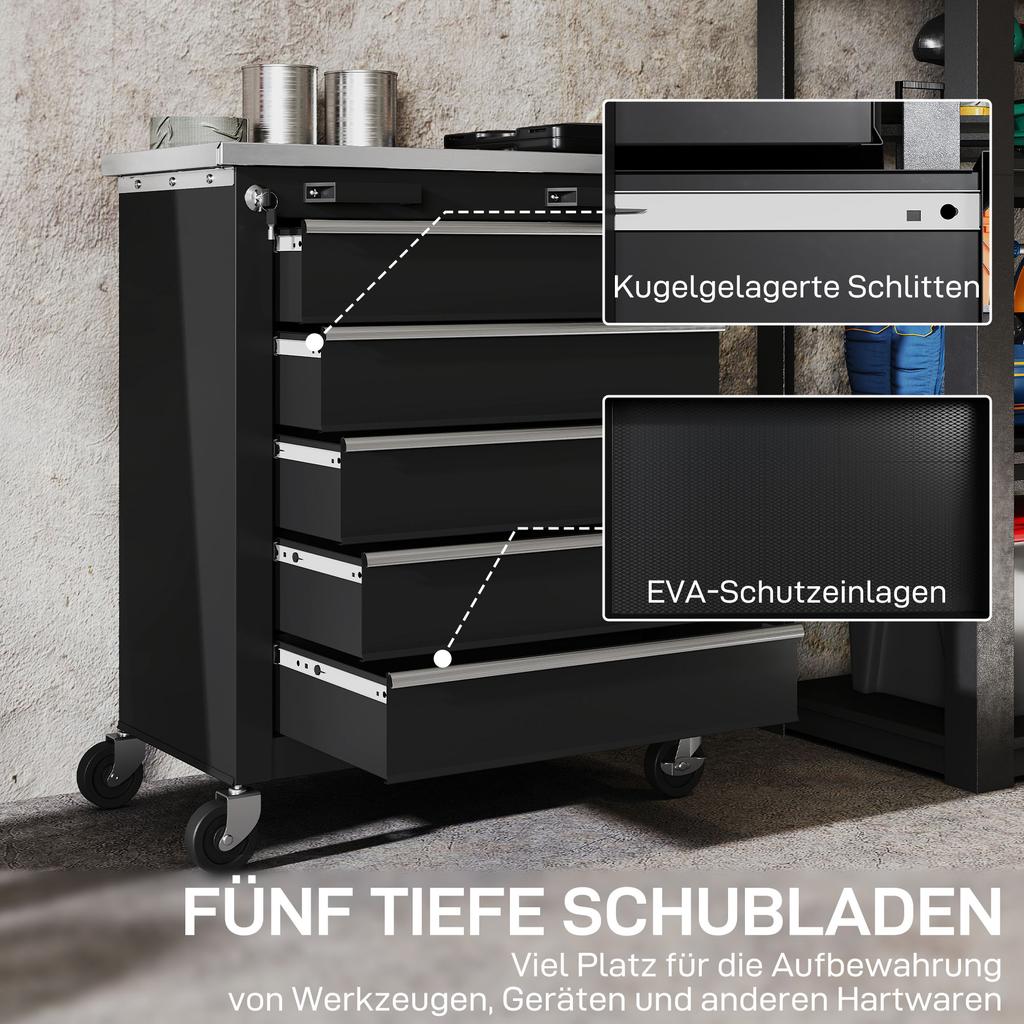 Tool Cabinet with 5 Drawers, Rolling Tool Chest, Tool Cart Made of Steel, Silver Tone+Black