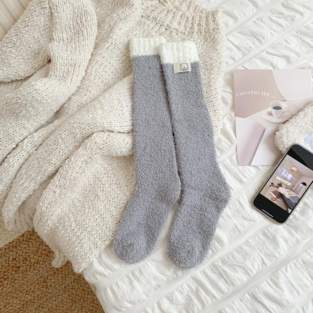 

Cloth Label: Coral Velvet Calf Socks, Women S Fashion Striped Socks, Autumn And Winter Thickened Fleece Socks, Half Fleece Home Socks One size серый