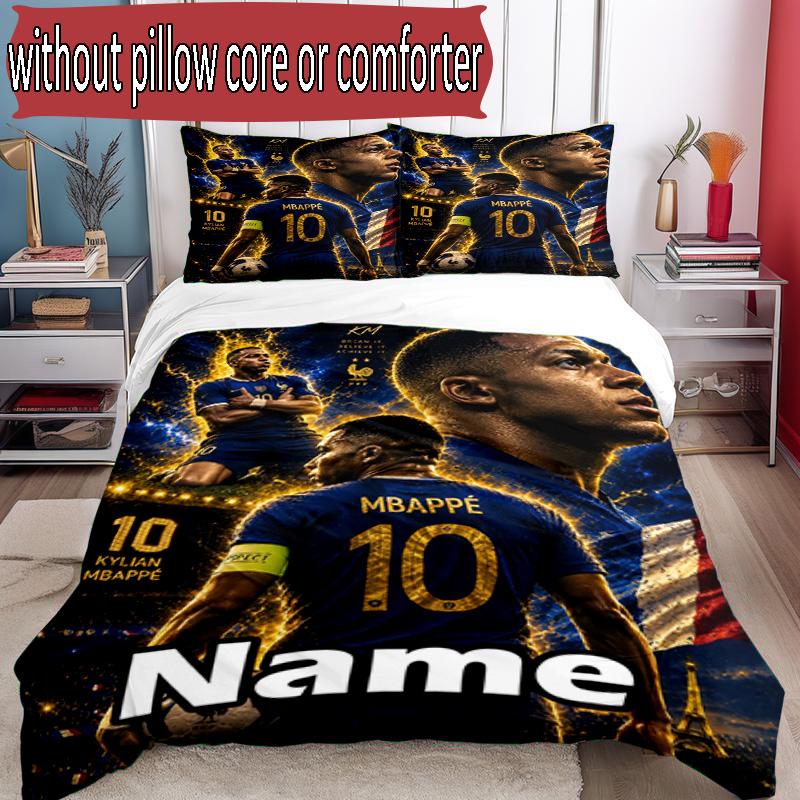 3pcs Duvet Cover Set (1*Duvet Cover + 2*Pillowcase, Without Core), Custom Name Kylian Mbappe Pattern Bedding Set, Home Bedroom Decor Gift