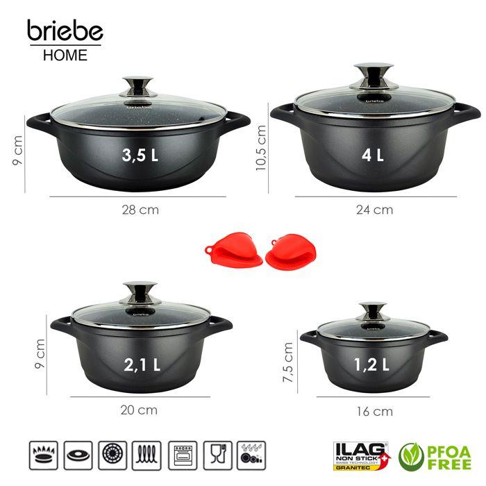 Batterie De Cuisine Induction 8 Pièces Aluminium Fonte 4 Casseroles 4 Couvercles Briebe MGK-17 Noir 93782
