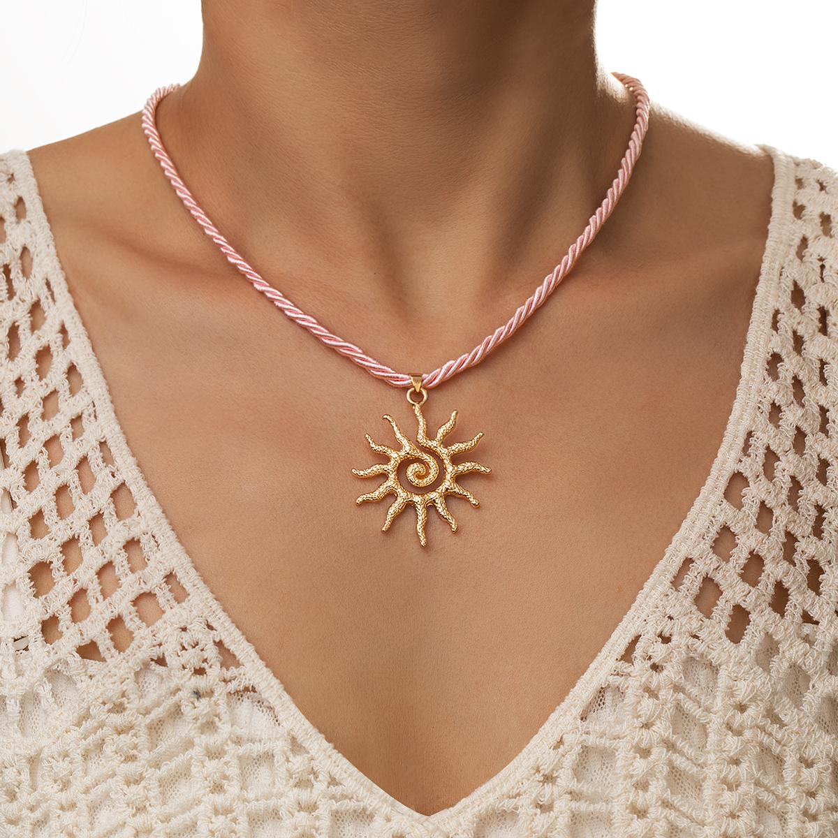 

1 pink rope alloy spiral sun pendant necklace, fashionable and versatile women s rope woven necklace