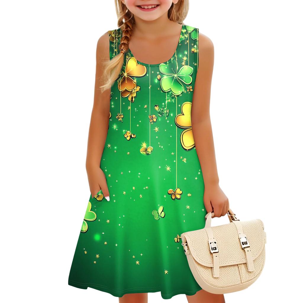 Children's Sleeveless U-neck A-line St. Parmesan Print Casual Vacation Dress