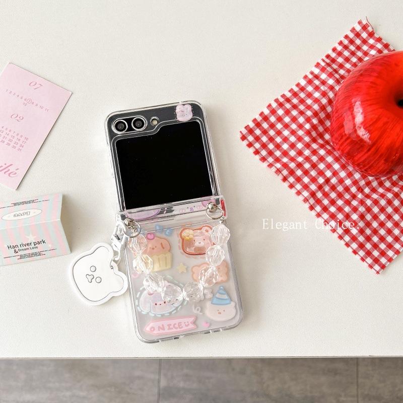 Phone Cases Samsung, Cute Korean Style Bear Protective Case with Bracelet ZFlip 3