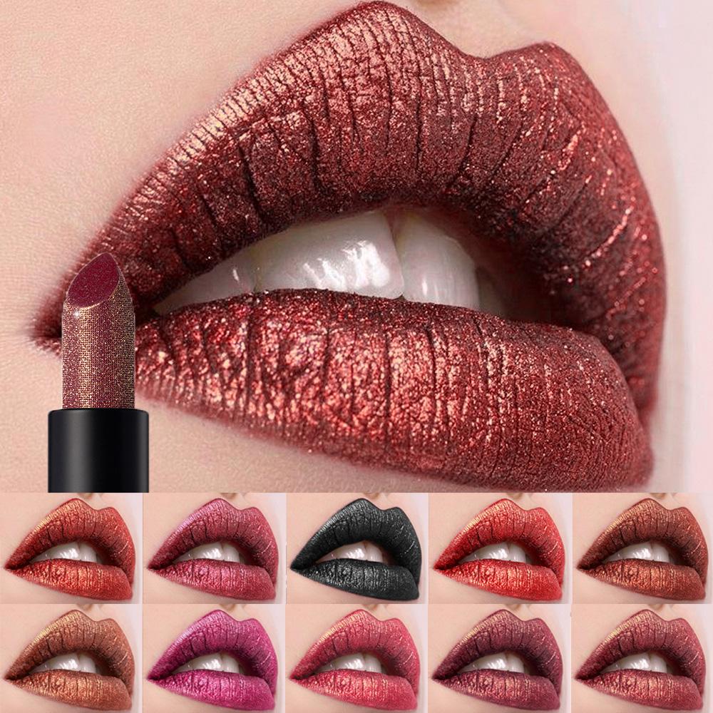 12 Colors Glitter Lipstick Waterproof Long Lasting Diamond Pearlescent Metallic Lipstick Black Lipgloss Women Lips Makeup Cosmetic