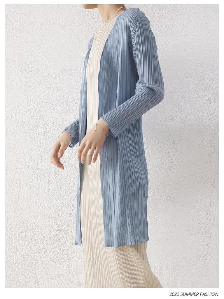 2024 Frühling Damen Midilanger Miyake Zahnstocher Cardigan - Langärmelig, Lässige lockere Passform, Plissierte Oberbekleidung