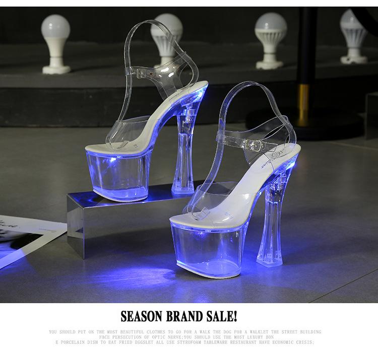 Damesandaler med LED-lys Gjennomsiktig hæl Størrelse 34-43 Tykk Høy Nattklubb Lysende Damesko Showdans Krystallsåler LFD