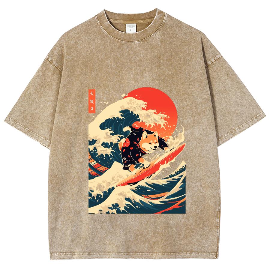 Japanischer Wind Wellen Sonnenuntergang Druck Baumwolle Waschung Denim T-Shirt Übergroß Unisex Halbarm Hohe Qualität Retro Top