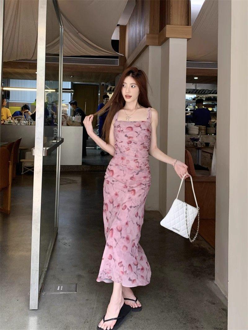 

Новое женское летнее розовое платье-слинг с цветочным принтом 2024 – Облегающее талию и элегантное Small