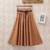 Women with Belt Skirt Spring and Summer   Fashion Korean Ladies High Waist Midi Knee Length  Pleated A-line School Skirt