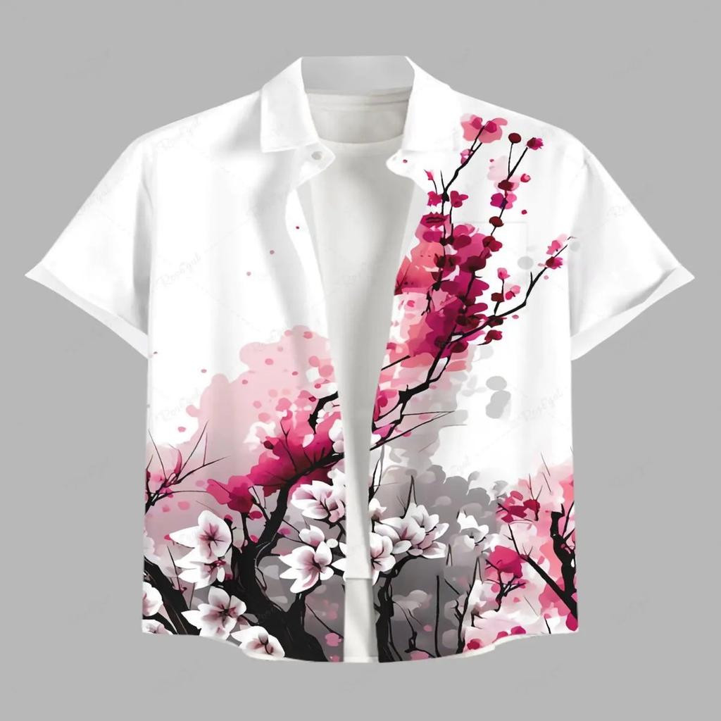 Vacation Style Coconut Tree Printed Short Sleeve Shirt, Loose Lapel Fake Two-Piece Design, Casual Breathable Outfit for Daily Wear and Beach Trips