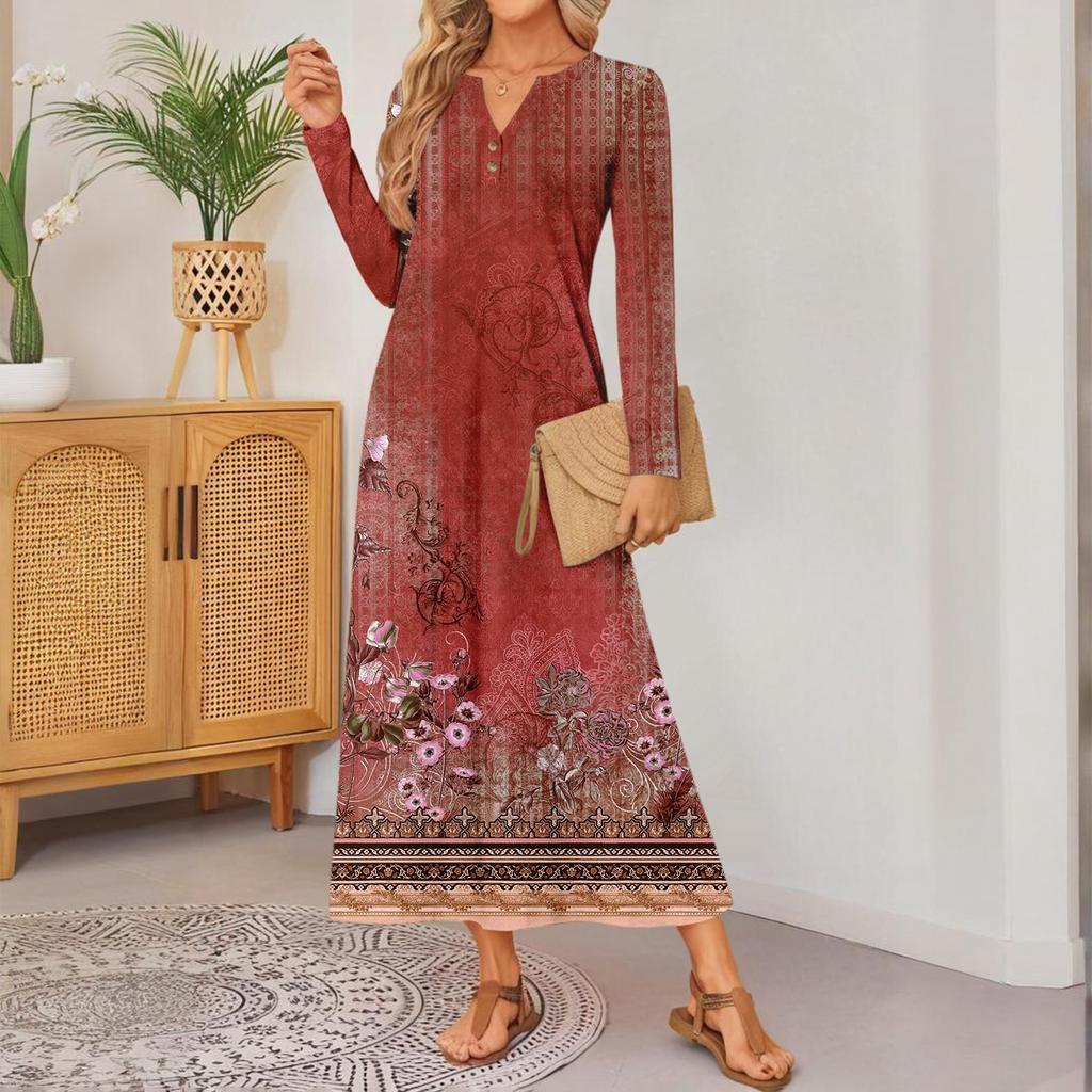 women retro printed long-sleeved comfortable loose dress, elegant dress