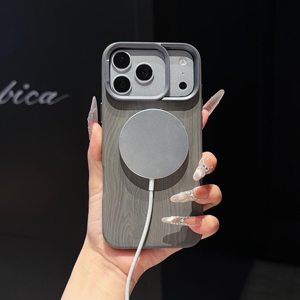 Simple Magnetic Wood Grain PC Phone Case for iPhone 17 Pro Max 16 Pro 15 Camera Stand Comfortable Grip Shockproof Slim Cover