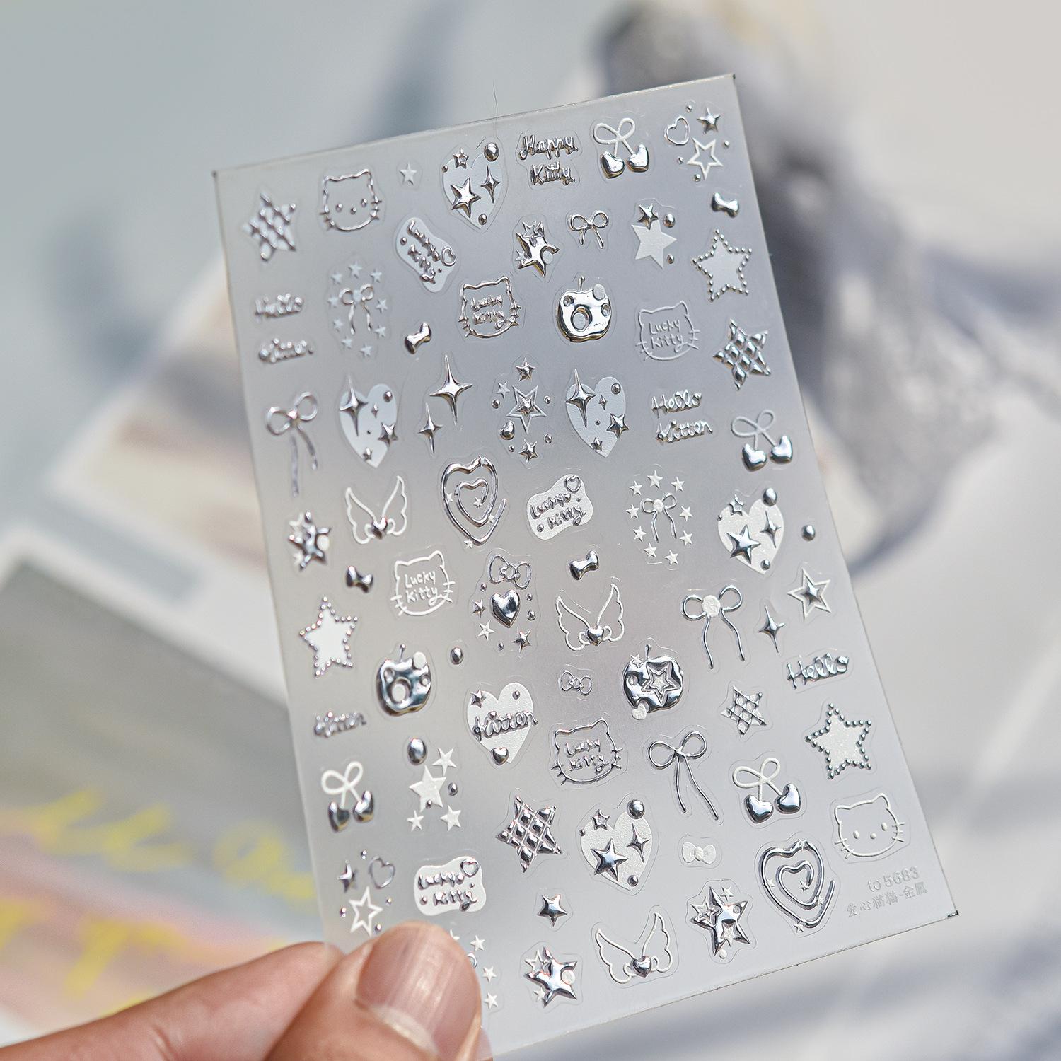 

Fashion Silver Metallic Texture Nail Stickers 5D Embossed Stars Bow Love Heart Cat Wings Nail Art Stickers Diy Nail Decoration (As shown-20038)-