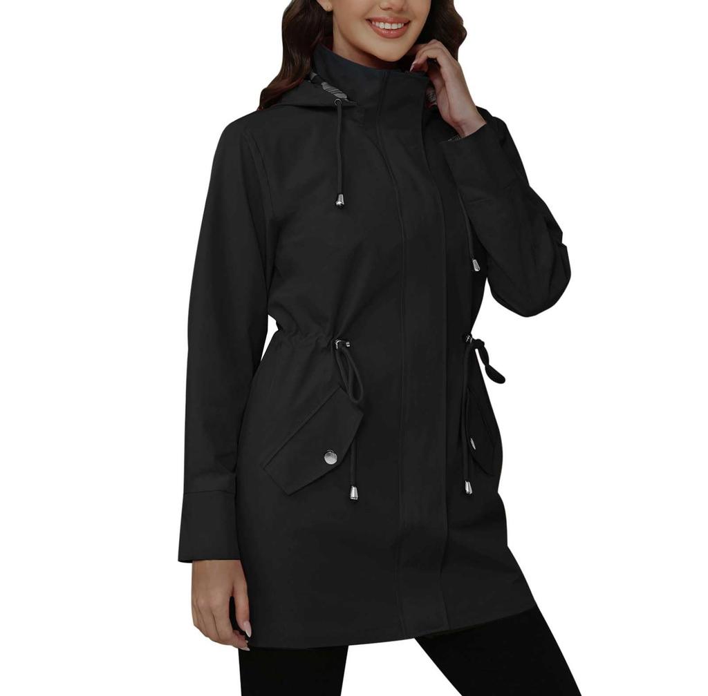 Women Solid Stripe Rain Jacket Outdoor Plus Waterproof Hooded Raincoat Windproof