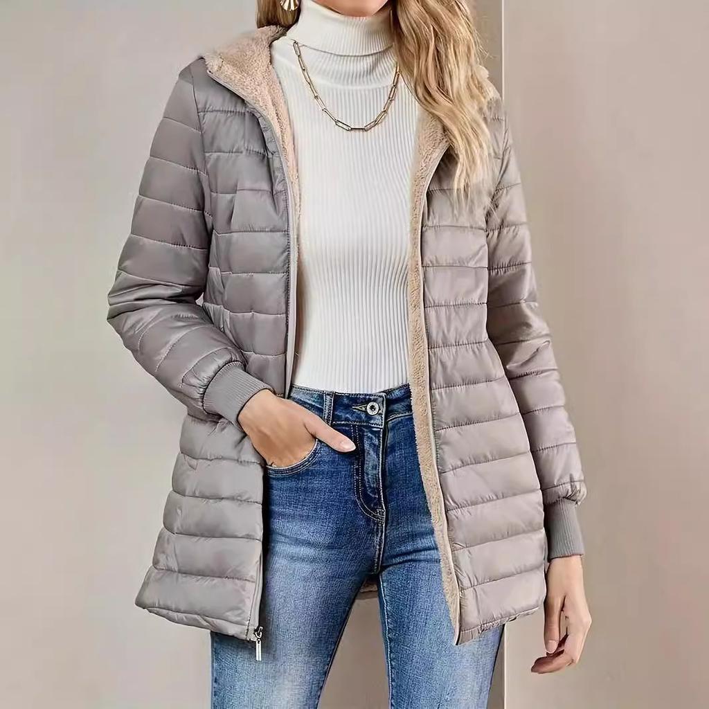 2025 Winter Women's Mid-Length Quilted Parka, Hooded Fleece Lined Loose Fit Thermal Jacket with Zipper, Warm Padded Casual Coat for Cold Weather