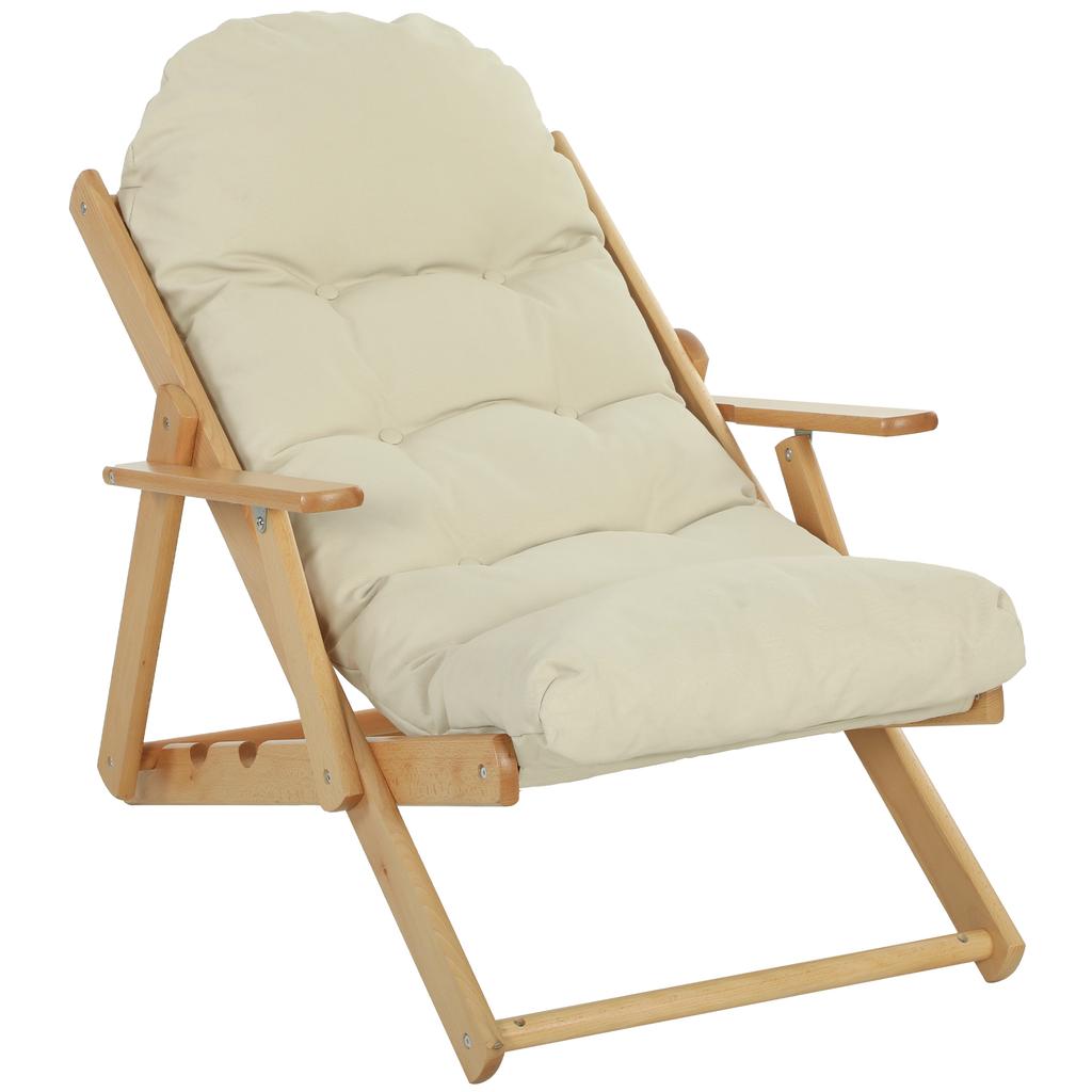 Folding Wooden Lounge Chair, Reclining, Padded Cushion