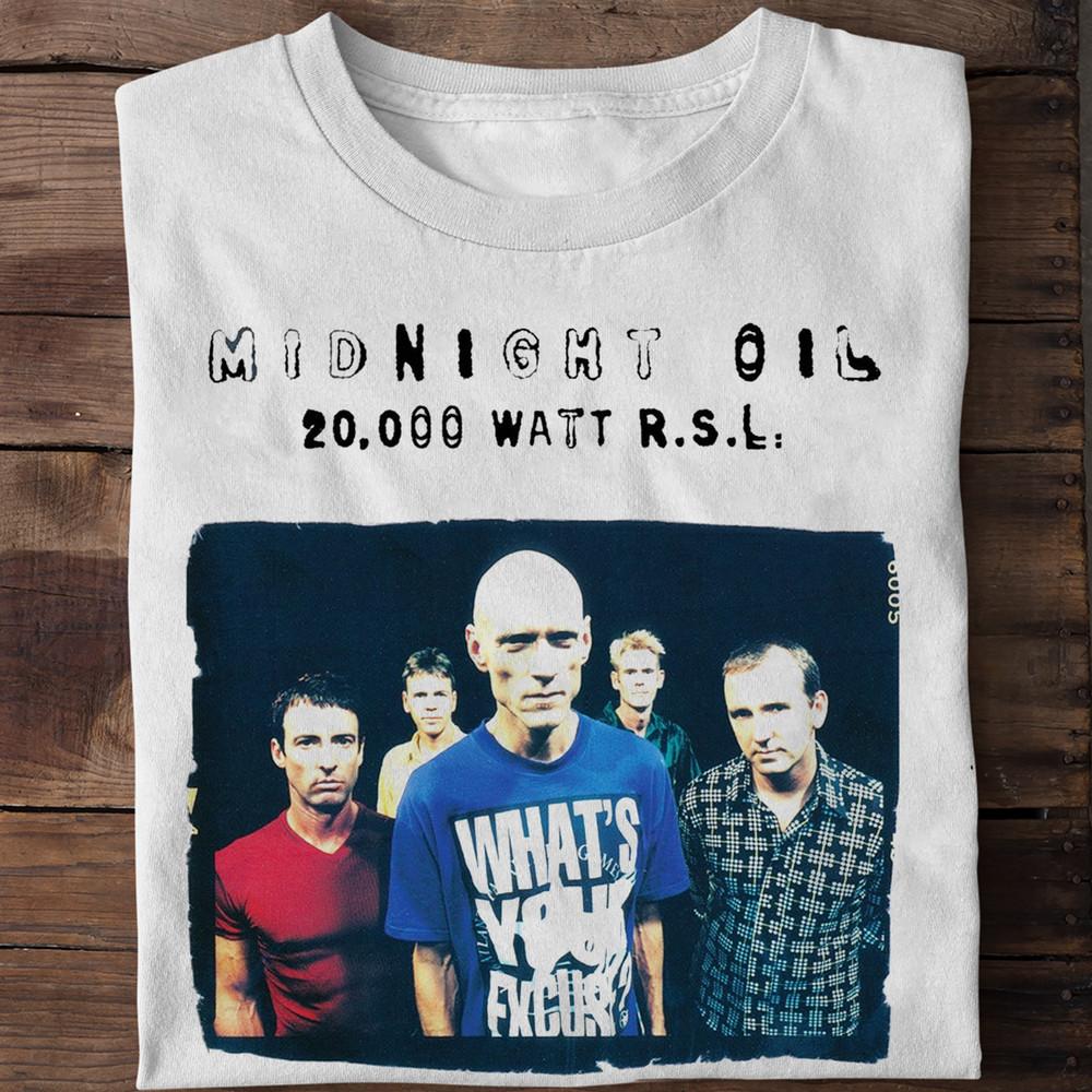 

NEW Midnight Oil - 20,000 Watt R.S.L Short Sleeve White All Size Shirt Unisex T-Shirt L