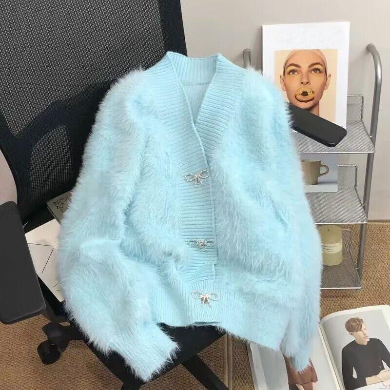 Svetr Cardigan Dámský Podzim/Zima Imitace norkového Fleece Svetr Dámské Sladká mašle s výstřihem do V Pletený svetr s jedním prsem