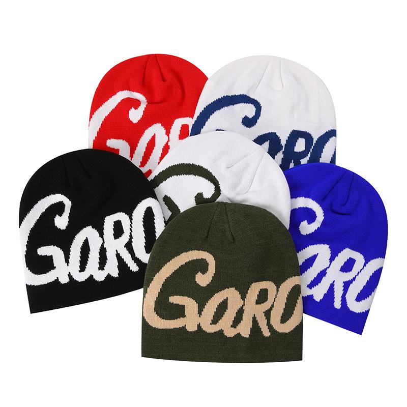 Cross-border Men's Knitted Pullover Hat Street Letter Jacquard Plaid Spandex/Cotton Winter Button 56-60cm