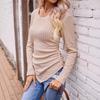 Women's Autumn and Winter Models Long-sleeved Irregular Slim V-neck Solid Colour Knitted T-shirt