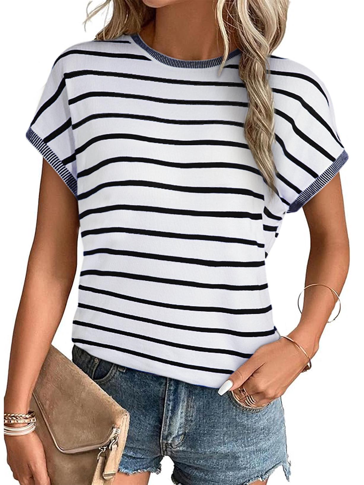 

Shiying 2024 Spring/Summer Striped Round Neck Knit T-shirt - Versatile Commuting Style Extra Extra Large білий
