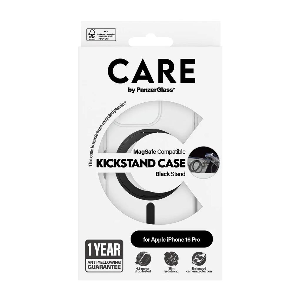 CARE by PanzerGlass Feature Case Transparent w. Black Kickstand & MagSafe iPhone 16 Pro | CARE