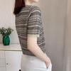 Qooth Women Plaid Knitted Base Shirt Office Lady Fashion Elegant Slim Short Sleeved Knit Top For Spring Summer QT2071