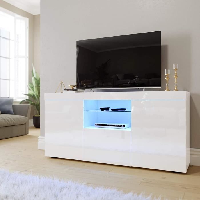 Dripex Moderner LED-TV-Schrank Weiß Hochglanz - 135x33.5x70cm Mit 2 Großen Türen 1 Kleiner Tür Glasablage