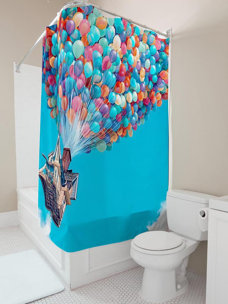 Colorful Balloons House Shower Curtain Dreamy Sky Design Waterproof Fabric Bathroom Decor Unique Artistic Print Elevate Space