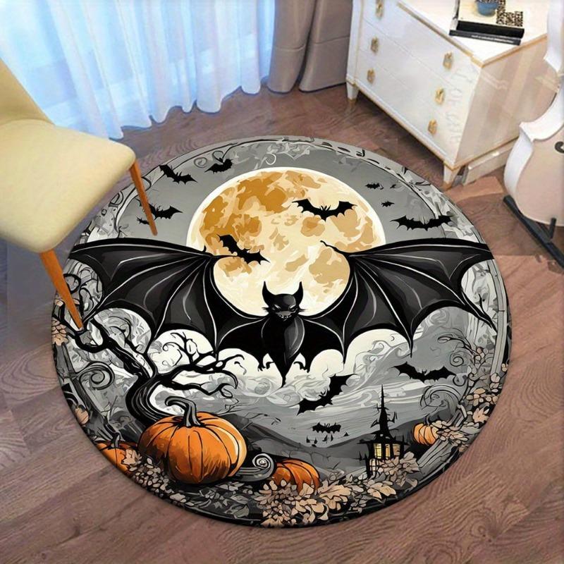Bat Moon Round Carpet Flannel Gothic Style Halloween Themed Floor Mat Dark Aesthetic Appeal Diameter 60cm