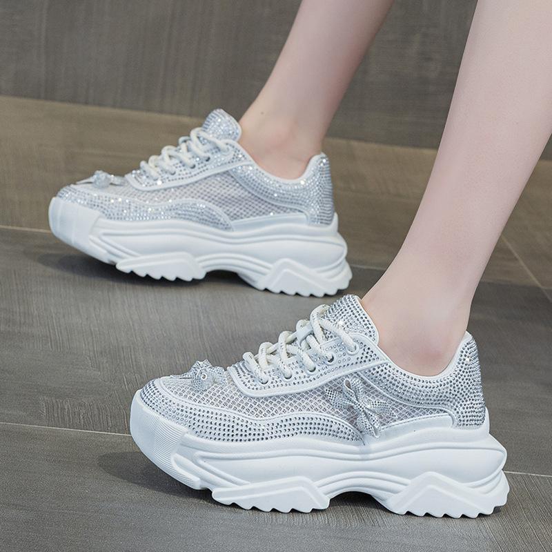 Platform dad shoes summer new breathable mesh rhinestone bow fashion versatile full diamond casual sports shoes women