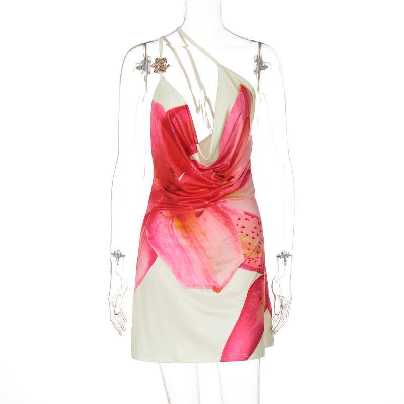 

Outfitgirl Swing Collar Low Cut Party Skirt Sexy Vacation Style Print Open Back Sexy Sheath Dress Skirt Red S