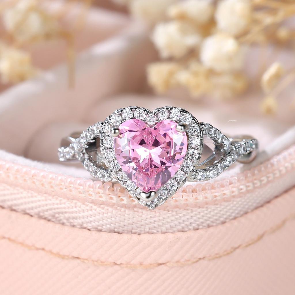 Cute Female Pink Zircon Love Heart Stone Silver Color Wedding Jewelry Promise Engagement Rings for Women
