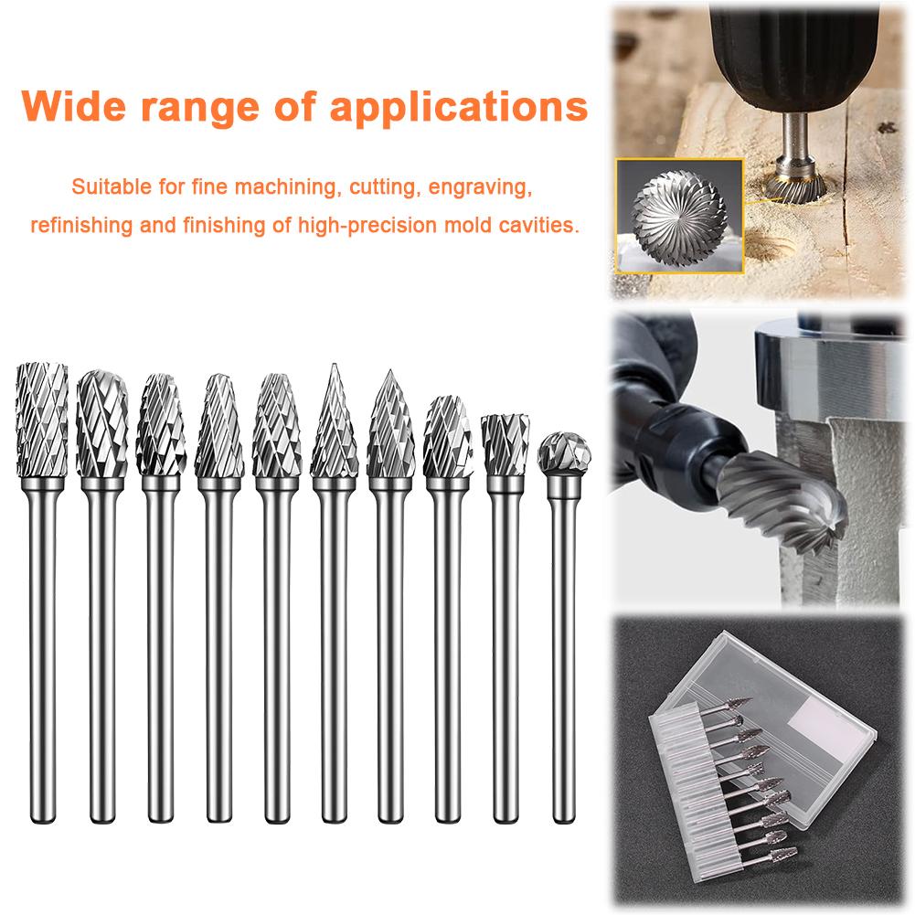 10Pcs Rotary File Rasp 1/8 Inch Shank Solid Tungsten Carbide Rotary Burr Set for Metal Welds Carving Cutting Engraving Porting