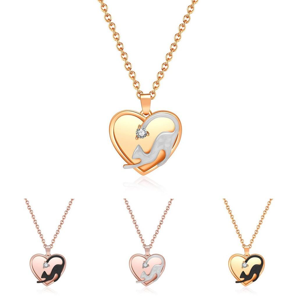Double Fashionable Layer Heart Cat Pendant Necklace In Sparkling Titanium Steel For Elegant Giving Gift