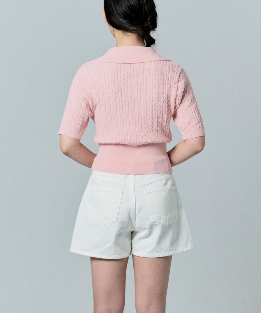 Tobaseu Boucle Cotton Cable Collar Short Sleeve Knit (Pink)