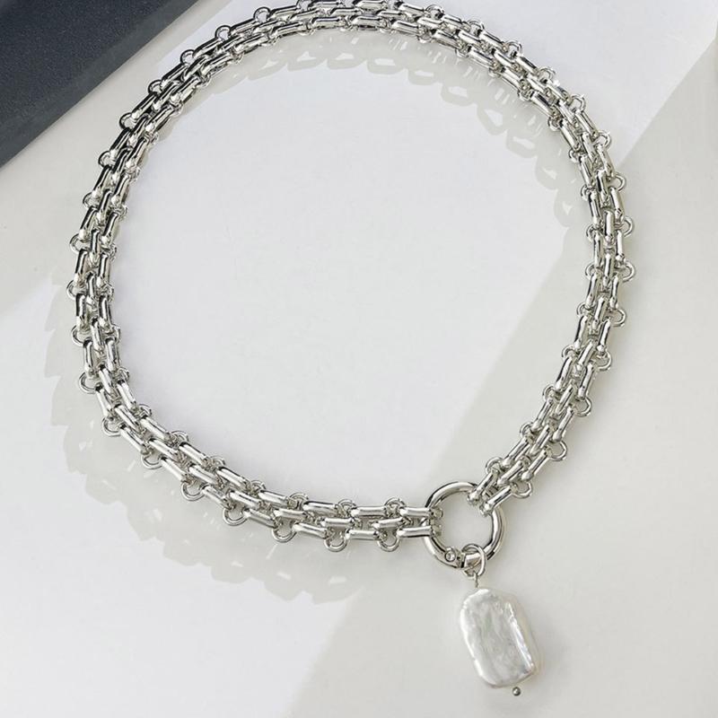 Geometric Square Freshwater Pearls Pendant Choker Chain Necklace Portable for Women Vintage Inspire Baroque Styles