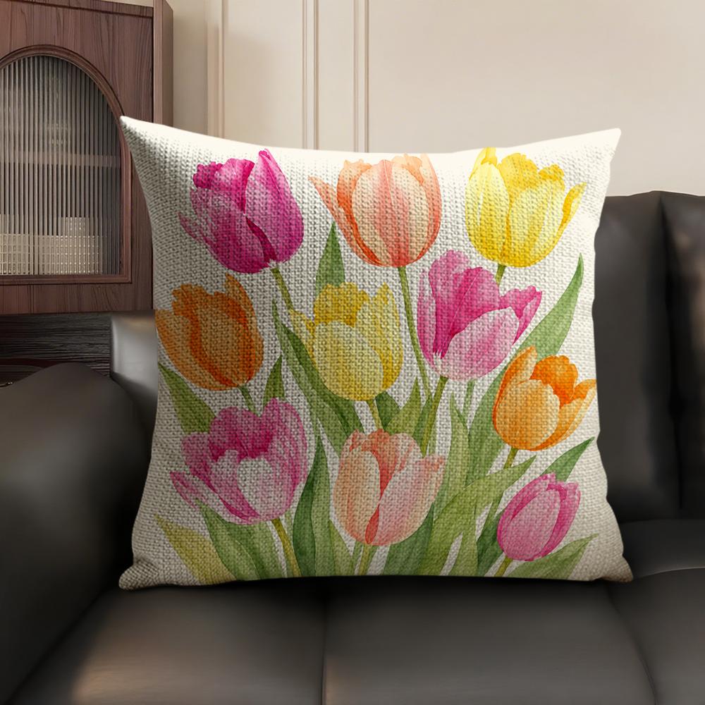 Tulip Flower Cushion Cover Breathable Linen Organic Fabric DoubleSided Printing Sofa Pillow Case Home Decor