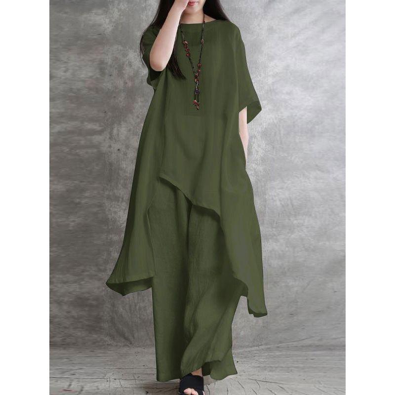 Loose Solid-Colored Top and Trousers Loose Solid Top Pants Two-piece Set