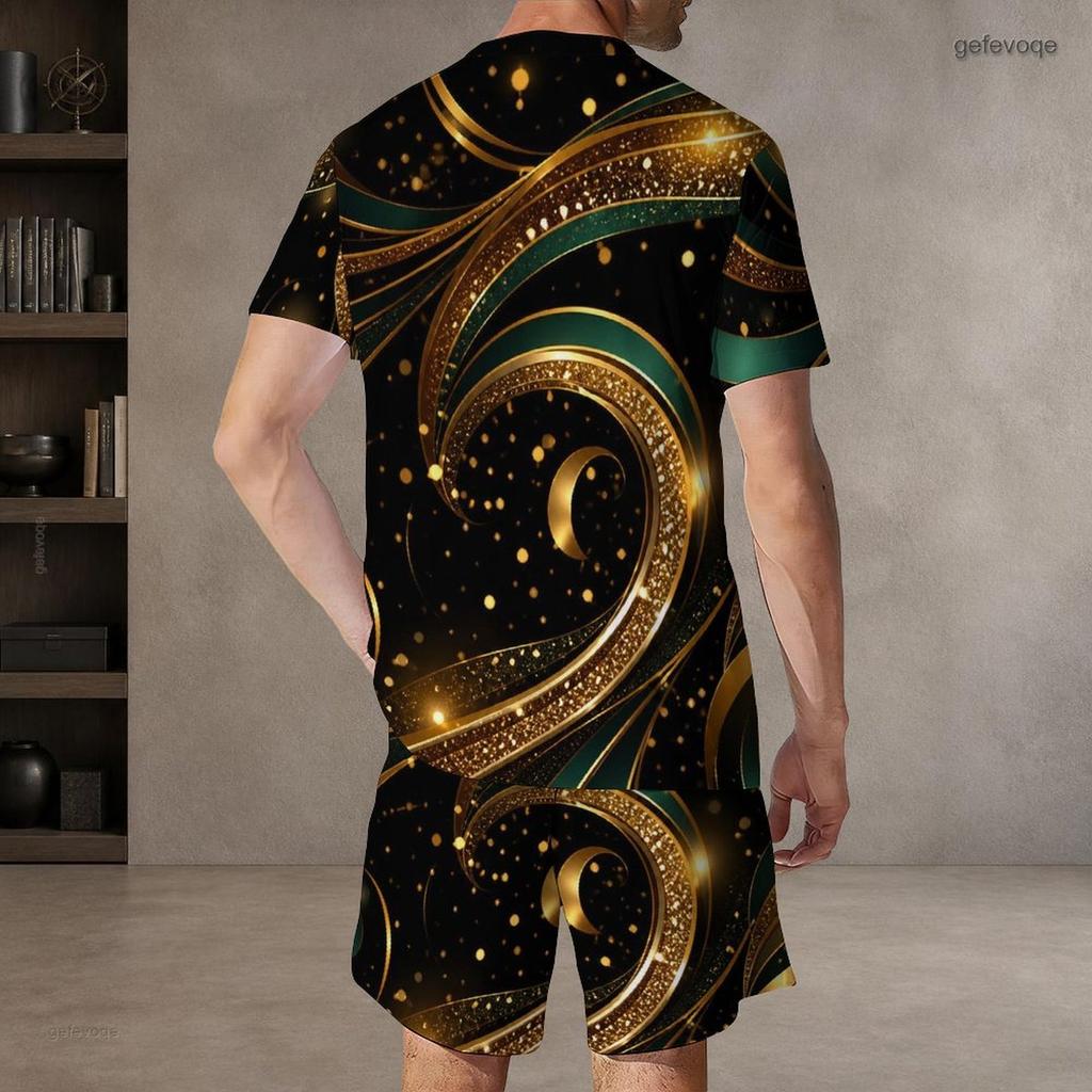 Men s Plus Size Round Neck Short Sleeve Printed Top And Drawstring Shorts With Pockets Two Piece Set Black Blue Green